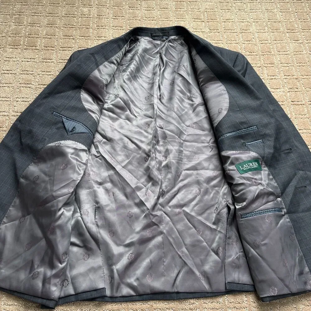 Ralph Lauren Wool Blazer Mens 44S Gray Plaid Formal Career Preppy Office Wedding